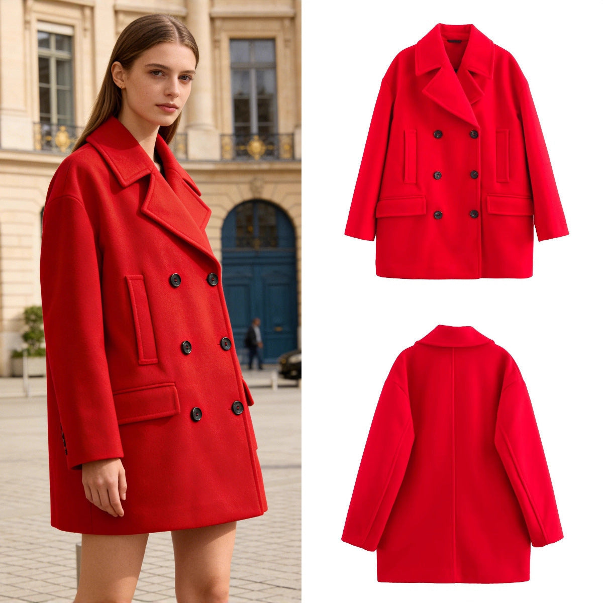 Women's short coat in peacoat style with double-breasted closure and applied flap pockets Chichicherry