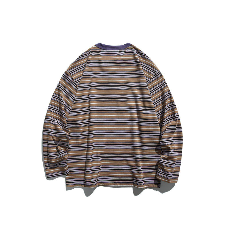 Unisex Striped Long Sleeve Henley Shirt in Oversized Relaxed Fit Chichicherry