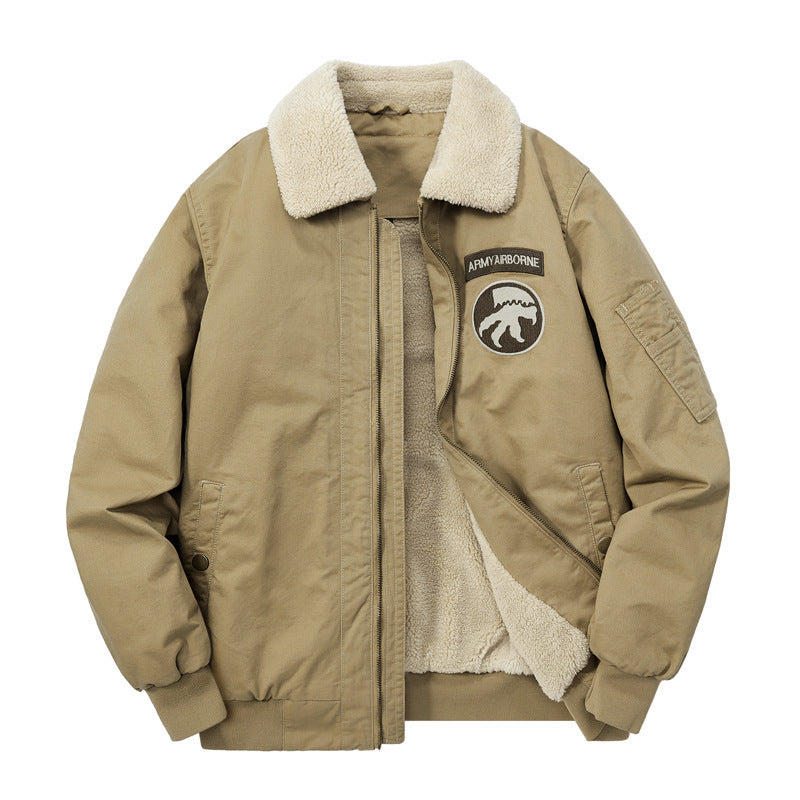 Men's Fleece-Lined Flight Jacket Blouson with Sherpa Collar and Patch Details Chichicherry