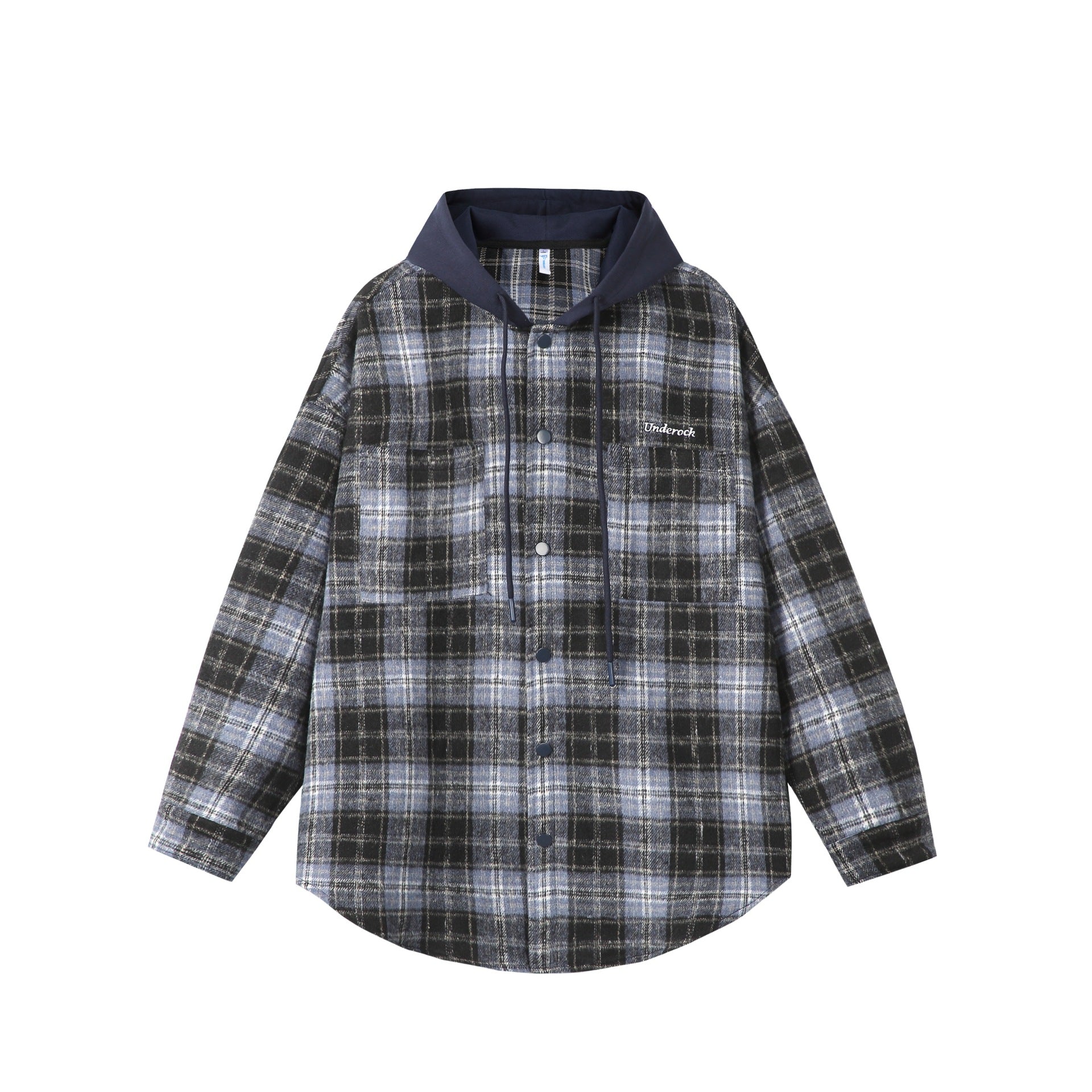 Unisex Oversized Check Shirt Jacket with Hood, Snap Buttons and Chest Pocket Chichicherry