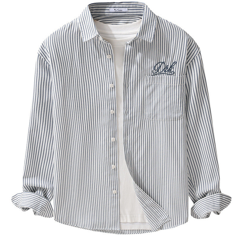 Men Striped Overshirt Shirt with Chest Pocket and Tonal Logo Embroidery Chichicherry