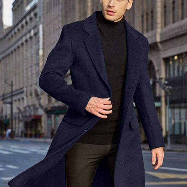 Men's Elegant Long Wool Blend Coat with Slim Silhouette and Classic Lapel Chichicherry