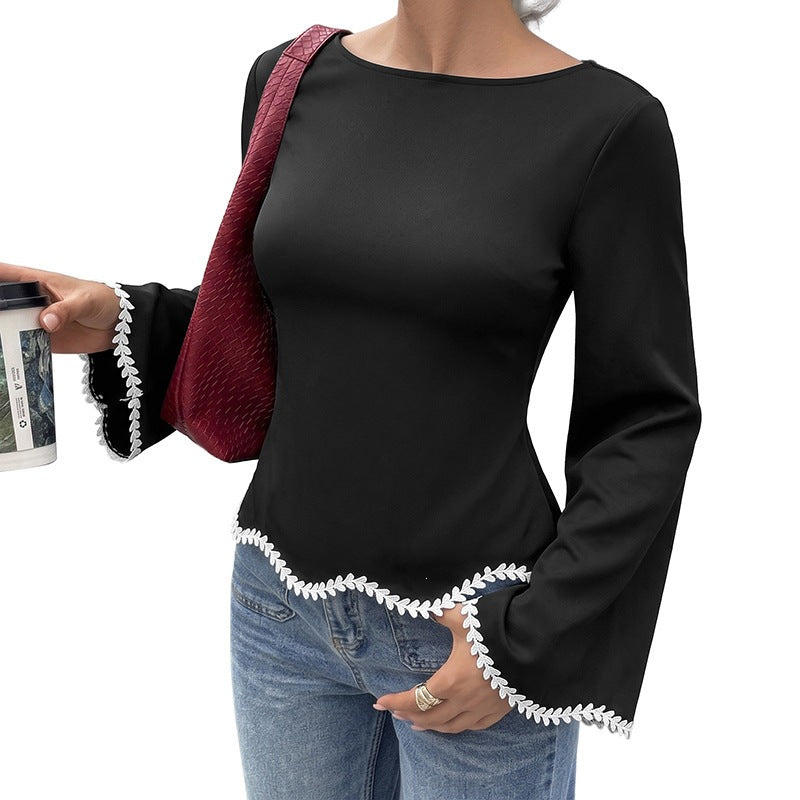Women's Tailored Long Sleeve Blouse with Boat Neck, Bell Sleeves and Embroidered Leaf Trim Chichicherry