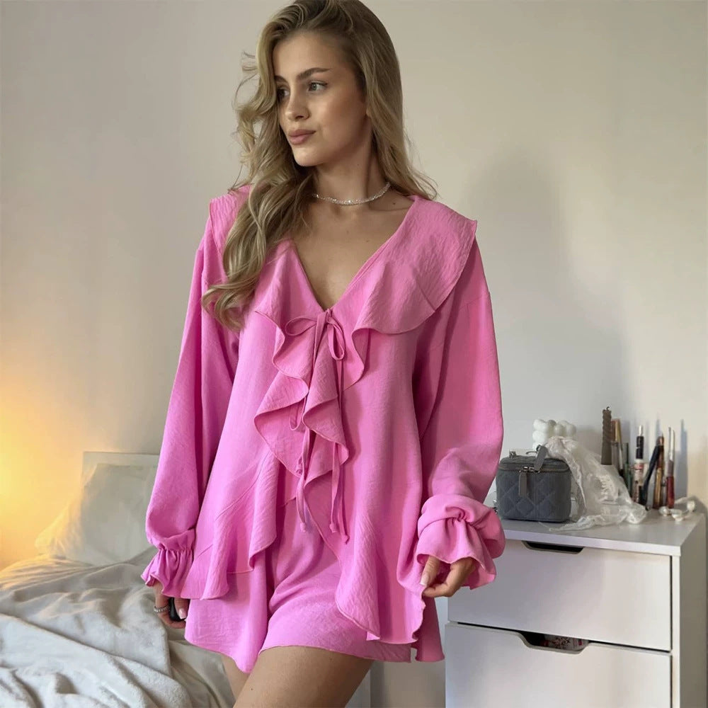 Women's Playful Ruffle Set made of lightweight Crepe Quality with Tie Blouse and A-Line Mini Skirt Chichicherry