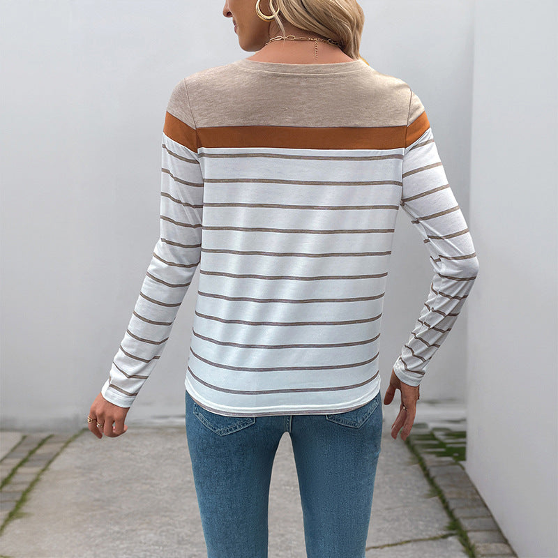 Women's Striped Long Sleeve Shirt with Boat Neck and Color Block Shoulder Chichicherry
