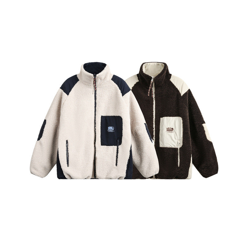 Unisex Oversize Teddy Fleece Jacket with Contrast Nylon Inserts and Stand-Up Collar Chichicherry