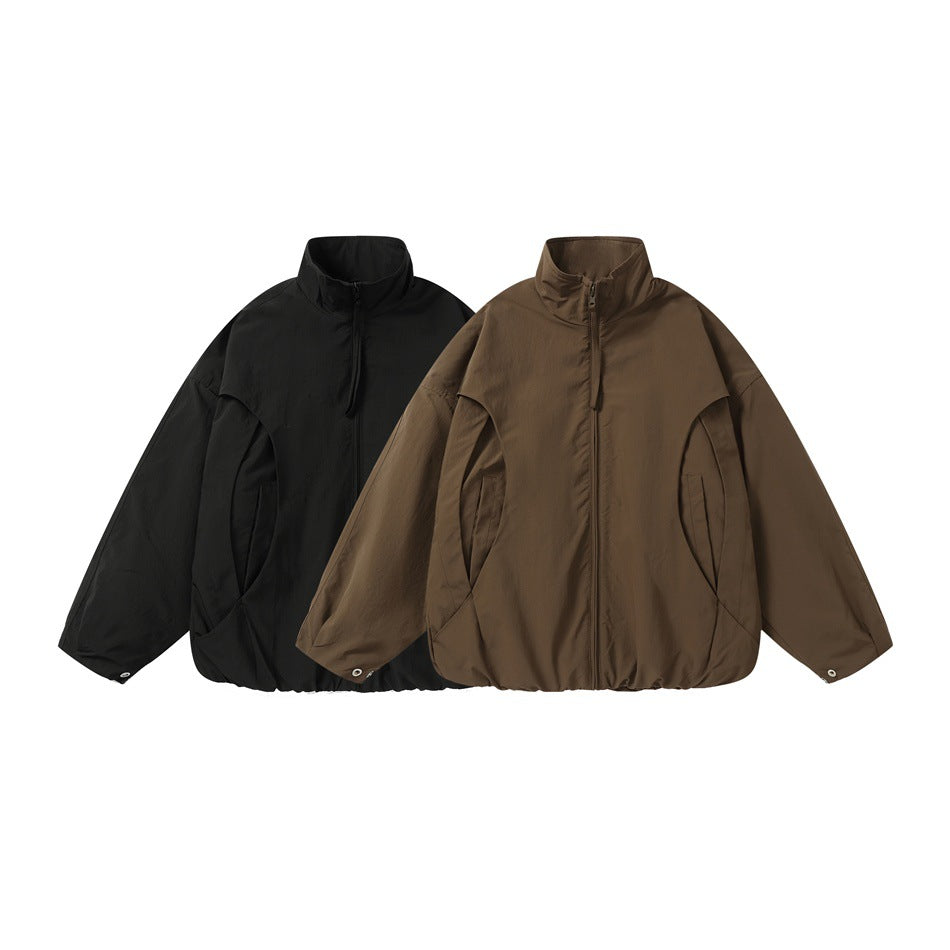 Unisex Short-cut Oversize Boxy Blouson with High Stand-up Collar, Curved Pocket Design and Elastic Hem Chichicherry