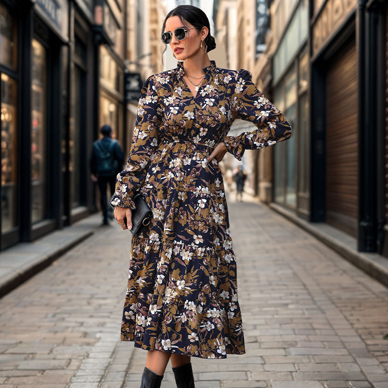 Women's Flowing Floral Midi Dress with V-Neck, Smocked Waistband, and Tiered Skirt Chichicherry