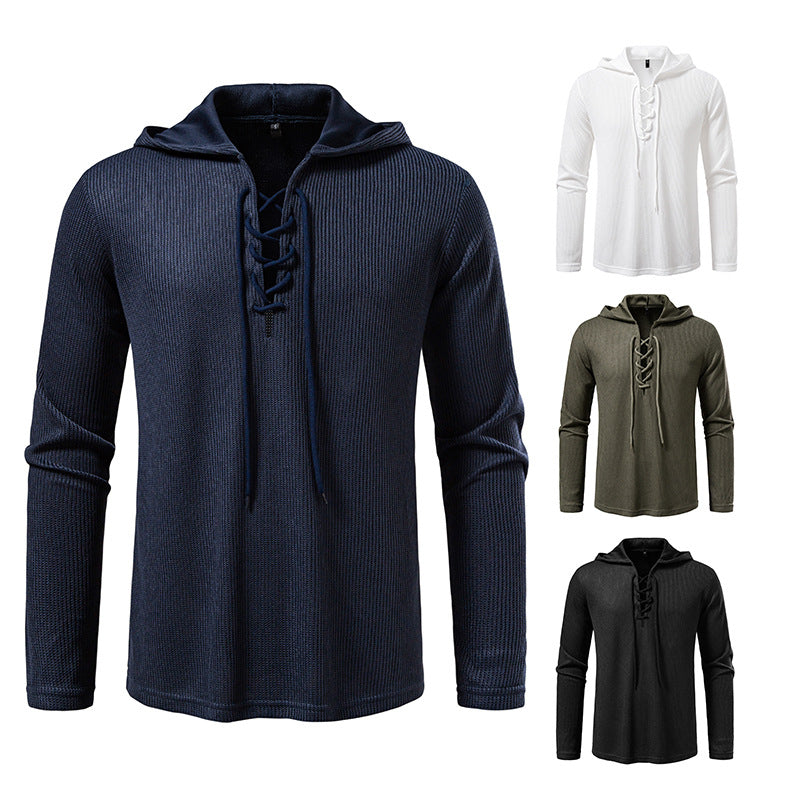 Men's waffle knit hoodie with lace-up collar and straight hem Chichicherry