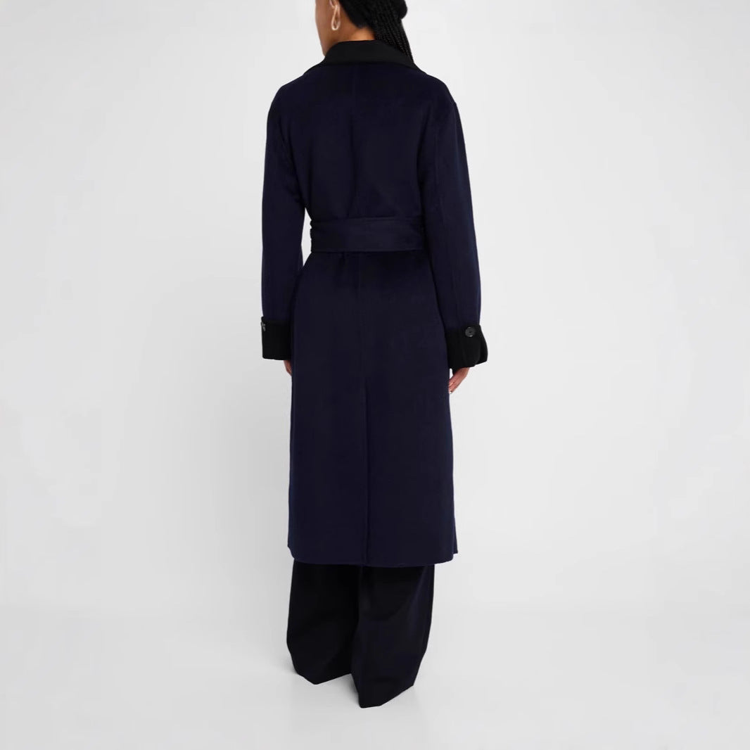 Women's tailored wool blend coat with tie belt, contrast lapel and flap pockets Chichicherry
