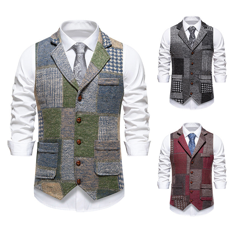 Men's Patchwork Tweed Vest with Notched Lapel and Flap Pockets Chichicherry