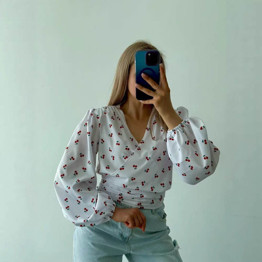 Women's wrap blouse with cherry print, wide puff sleeves & tie belt Chichicherry