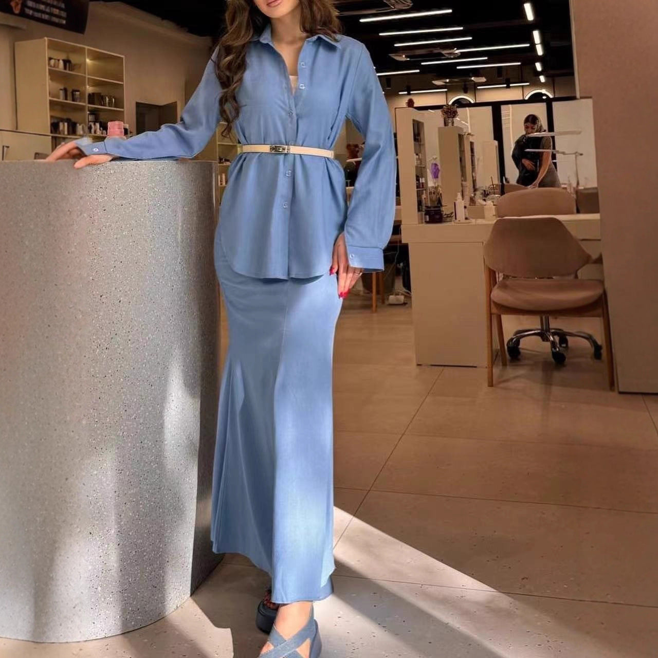 Women Two-Piece Set Tube Maxi Skirt with Flared Hem and Oversize Shirt Chichicherry
