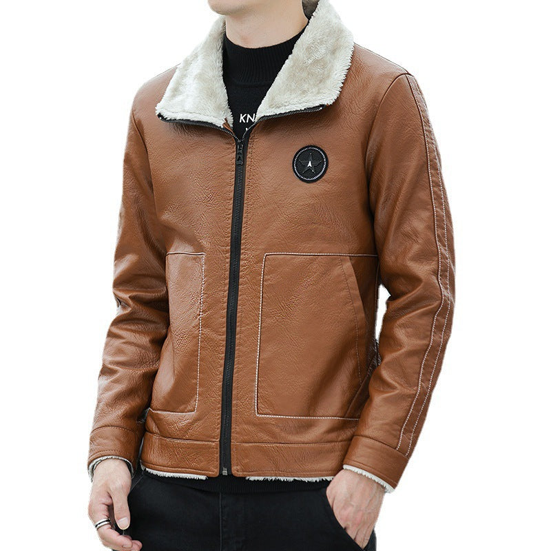 Men's Leather Look Pilot Jacket with Teddy Collar and Decorative Stitching Chichicherry