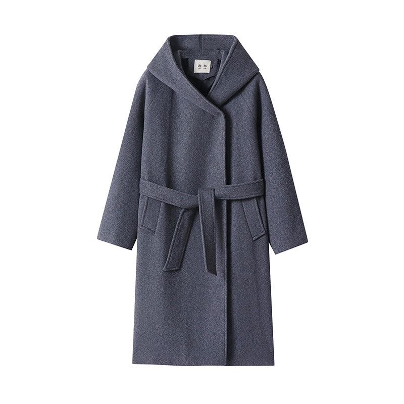 Women's Maxi Coat with Oversized Hood, Tie Belt and Minimalist Wool Blend Silhouette Chichicherry