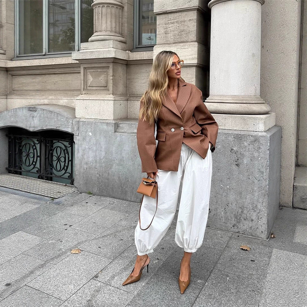 Women's Boxy Blazer with tailored draping and structured faux leather look Chichicherry