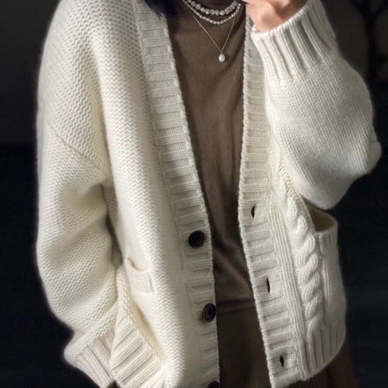 Women's Oversized Knit Cardigan with Cable Detail, Pockets, and Button Placket Chichicherry
