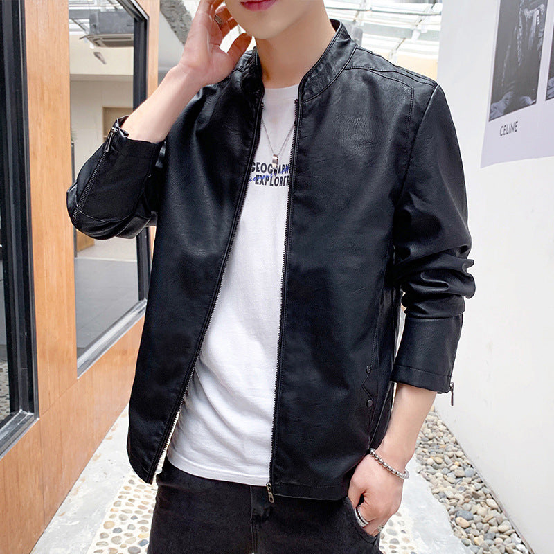 Men's slim-fit faux leather flight jacket with minimalist stand collar and concealed zip placket Chichicherry