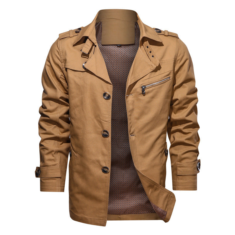 Men's Short Trench Coat in Utility Field Style with Stand-Up Collar and Zip Breast Pocket Chichicherry