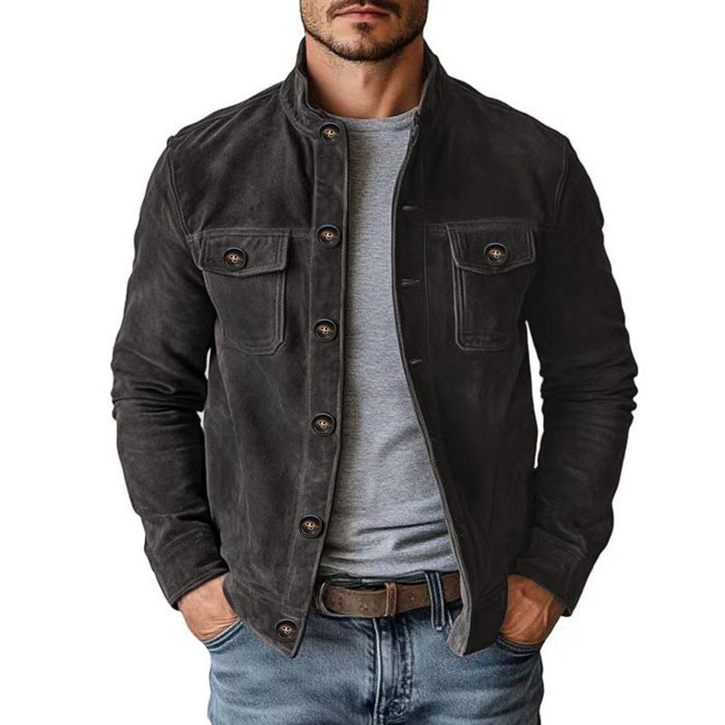 Herren Veloursleder-Fieldjacke mit Stehkragen, Pattentaschen und figurbetonter Schnitt Chichicherry