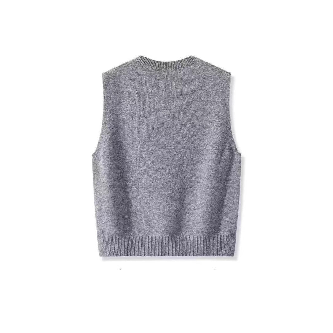 Women Sleeveless Fine Knit Waistcoat with V-Neck and Side Button Placket Chichicherry