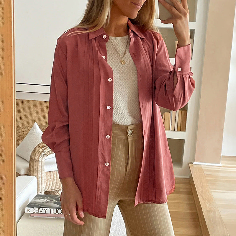 Women's Pleated Tunic Blouse with Shirt Collar and Loose A-Line Silhouette Chichicherry