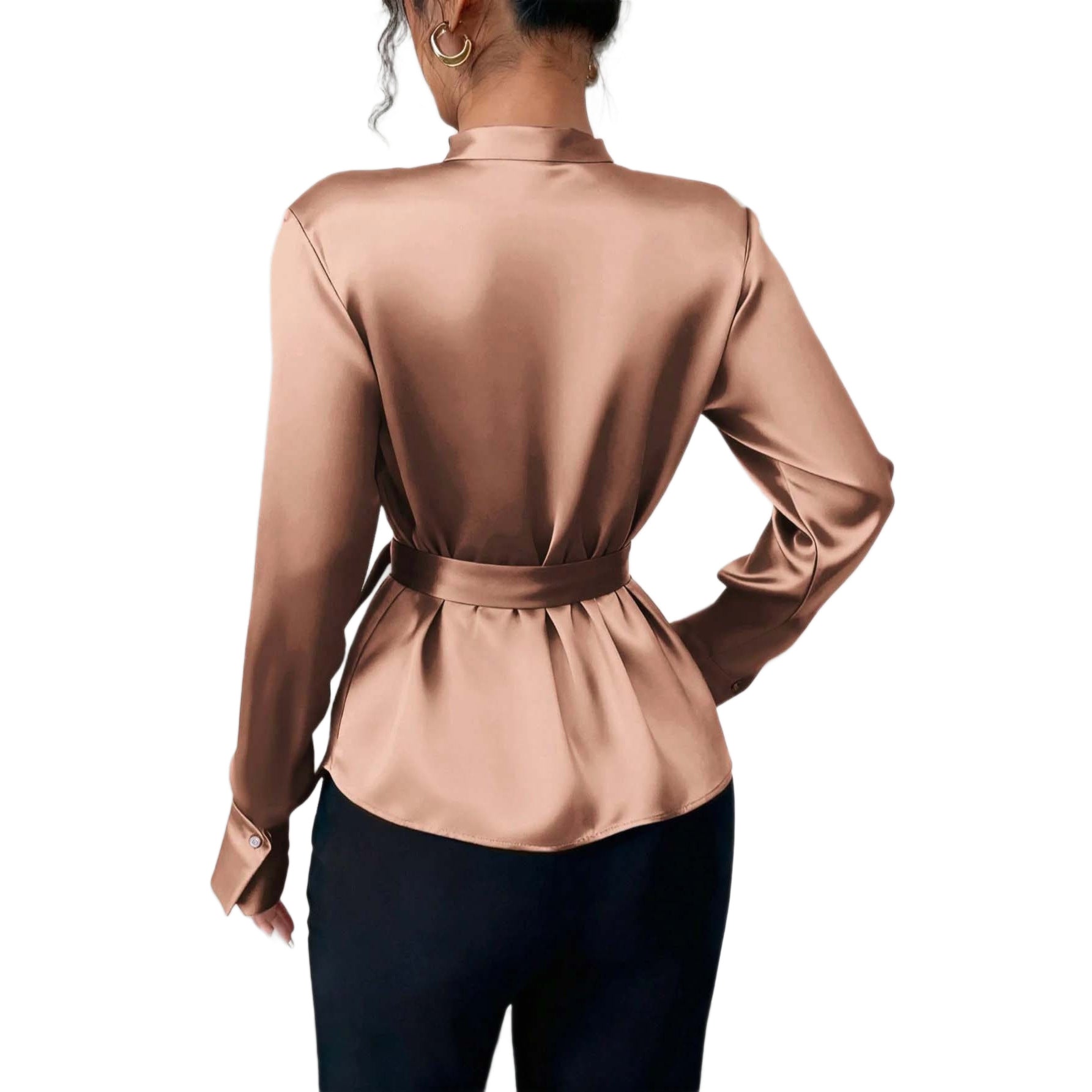 Damen Satin-Wickelbluse mit V-Ausschnitt, Taillengürtel und schmalem Manschettenärmel Chichicherry