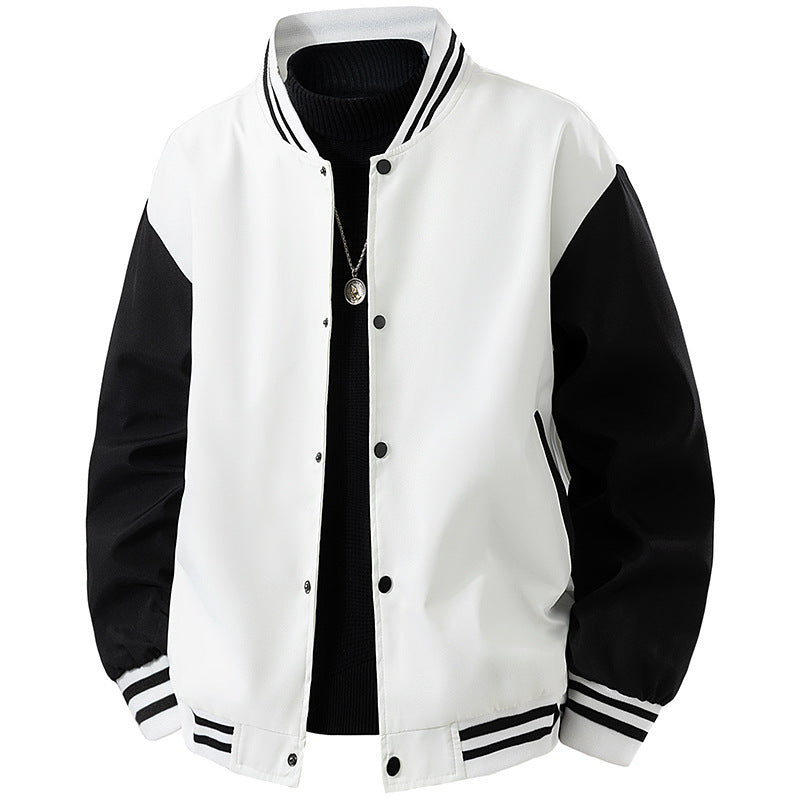 Men's College Bomber Jacket in Retro Varsity Design with Snap Front, Contrast Sleeves and Ribbed Stripe Cuffs Chichicherry