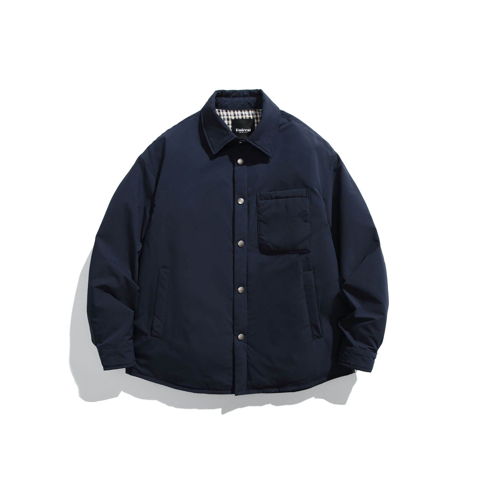 Unisex Padded Coach Jacket with Check Lining and Snap Button Placket Chichicherry