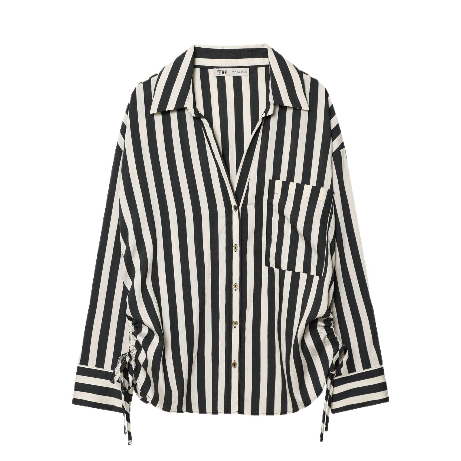 Women Oversized Shirt Blouse with Vertical Stripe Pattern and Side Lacing Chichicherry