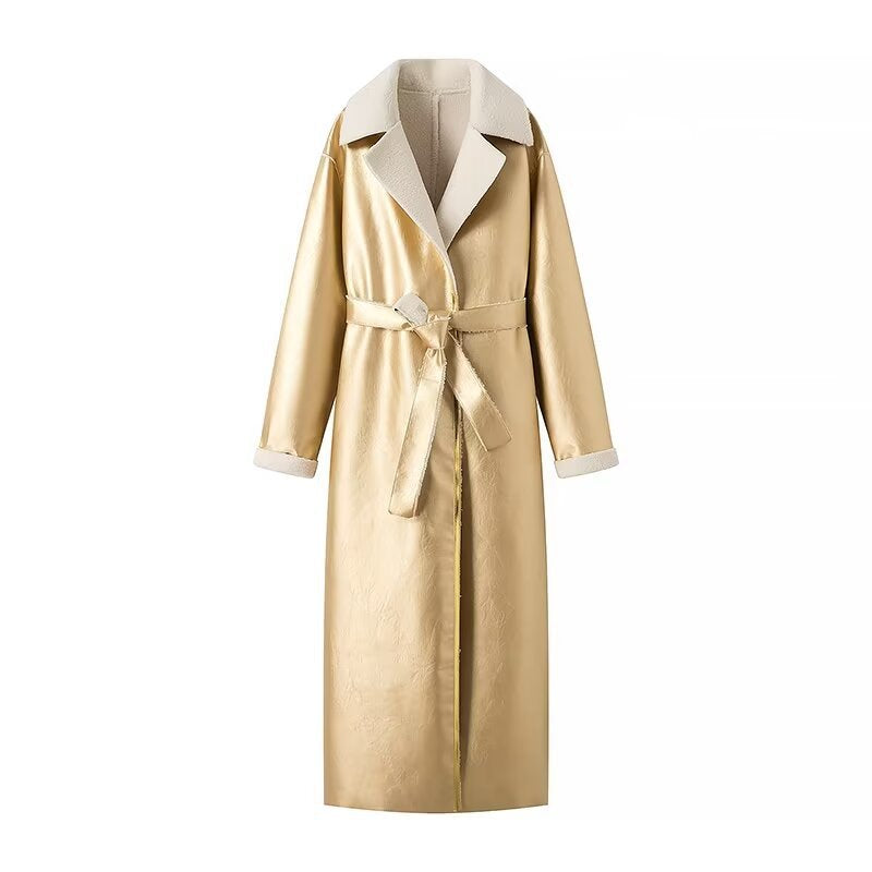Women's longer vegan coat made of faux leather with teddy lining and tie belt Chichicherry