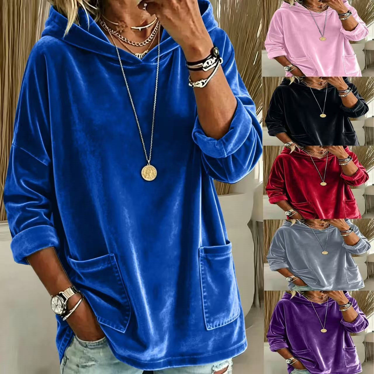 Women's Oversize Velvet Hoodie with Wide Hood, Kangaroo Pockets and Relaxed Silhouette