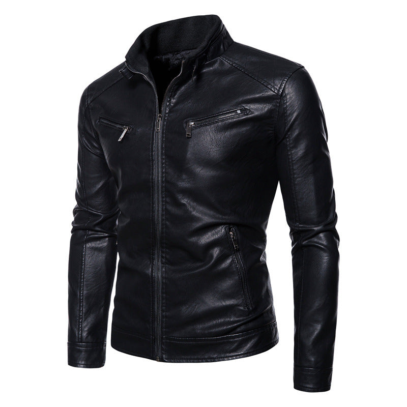 Men's Slim-Fit Faux Leather Biker Jacket with Stand Collar, Zipper Pockets, and Soft Inner Lining Chichicherry