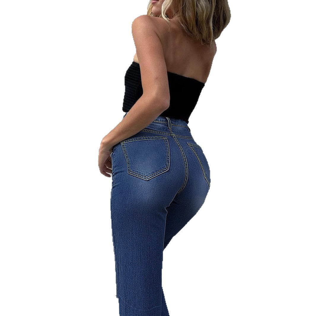 Women High-Waisted Ripped Wide-Leg Jeans with Extra Large Knee Cutouts and Waist-Shaping waistband Chichicherry