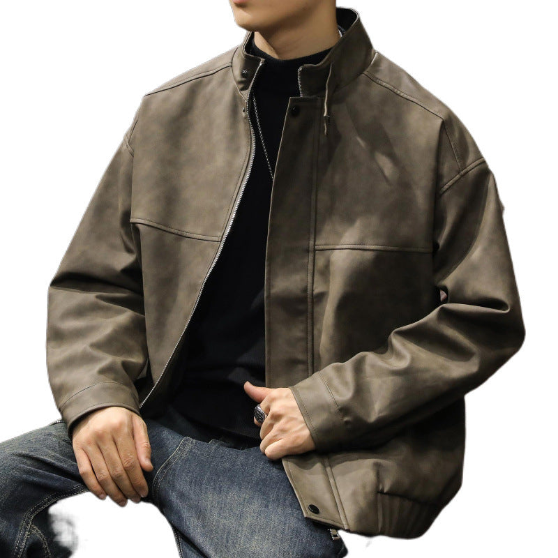 Herren Boxy Lederoptik-Blouson mit verdeckter Reißverschlussleiste, Stehkragen und elastischem Bund Chichicherry