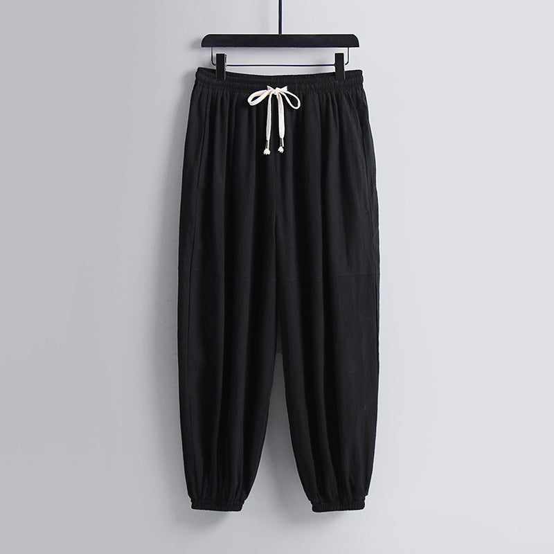 Women's wide cotton-linen casual pants with drawstring and elastic ankle cuffs Chichicherry