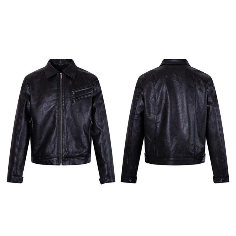 Men's Tailored Biker Jacket Made of Synthetic Leather with Shirt Collar, Zipper and Diagonal Chest Pockets Chichicherry