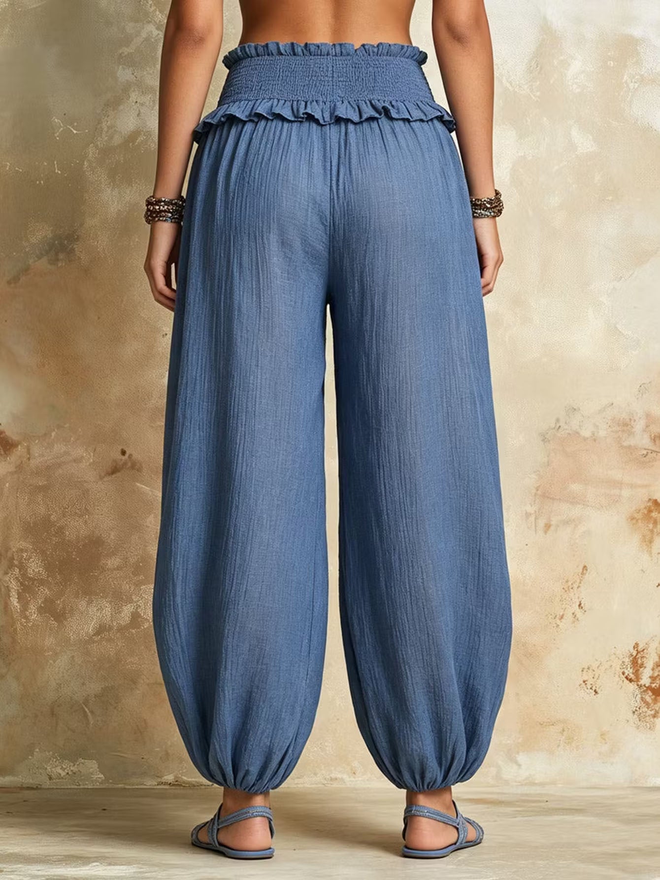 Damen Weite Haremshose mit gerafftem Smock-Bund und elastischen Knöchelabschlüssen Chichicherry