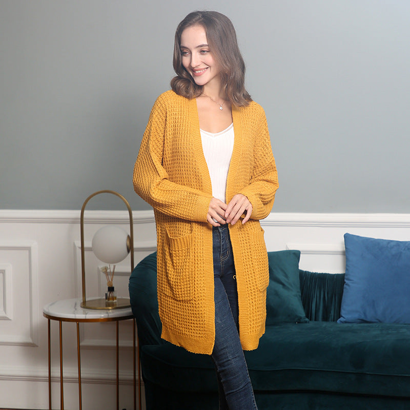 Women Long Oversize Knit Coat with Open Front and Patch Pockets Chichicherry