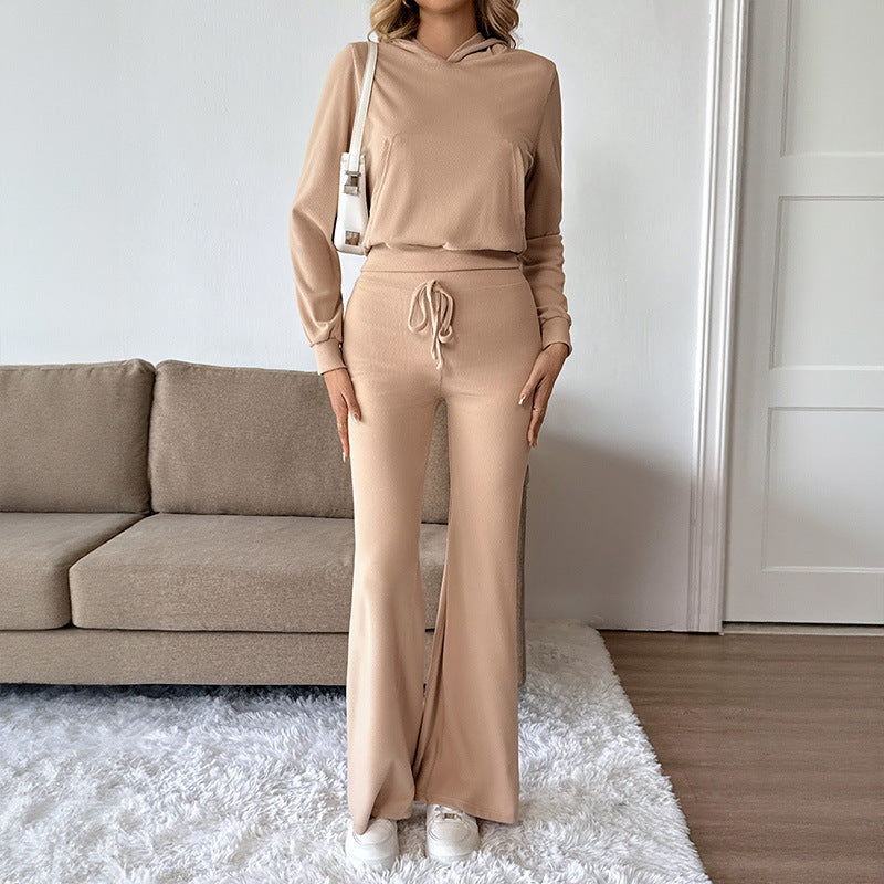 Women's Casual Lounge Set with Hooded Top and High-Waisted Flared Pants Chichicherry