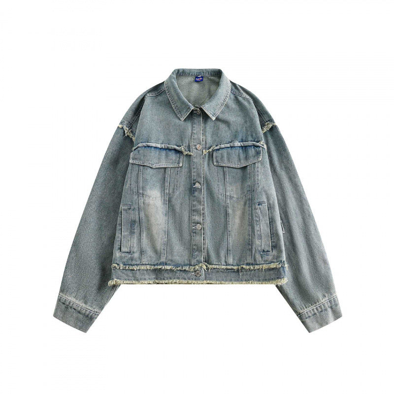 Unisex Boxy-Denim Jacket with frayed hem edges, flap pockets and vintage wash Chichicherry