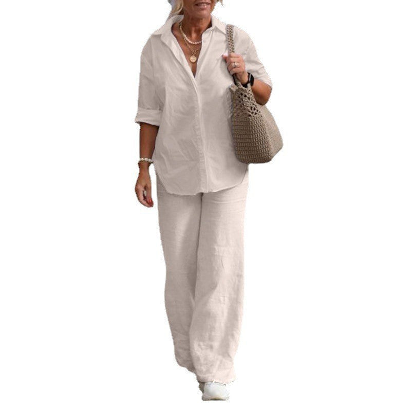 Damen Leichtes Leinen-Loungewear-Set mit offenem Hemdkragen und weiter Palazzohose Chichicherry