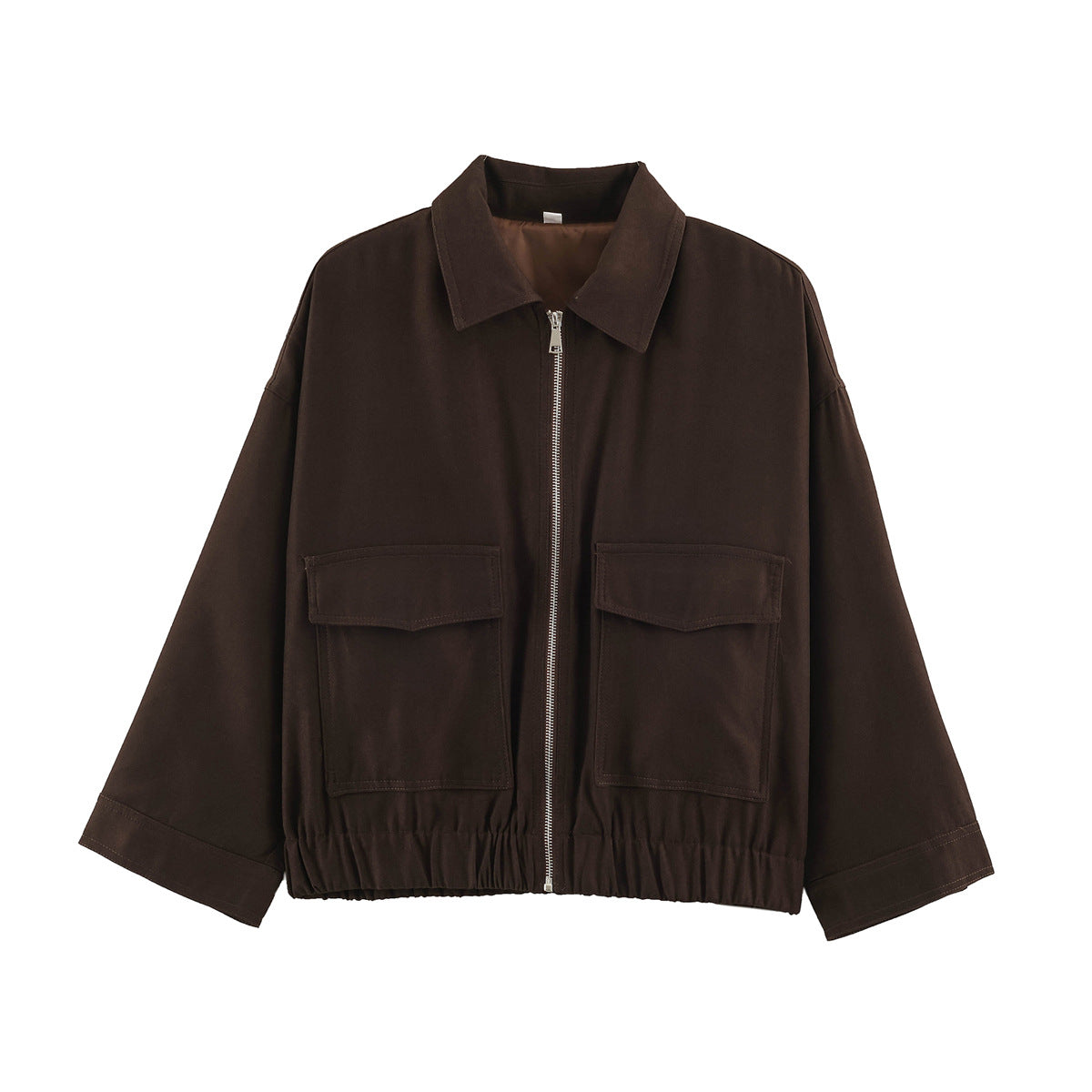 Women's Cropped Oversized Blouson Jacket with Large Flap Pockets, Full-Length Zipper and Elastic Hem Chichicherry