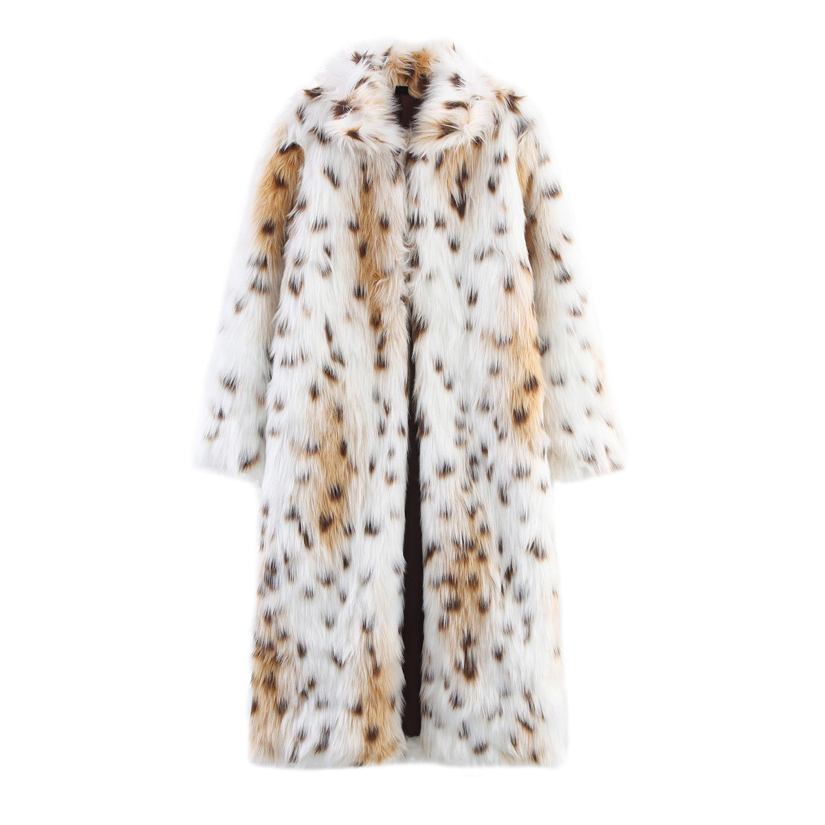 Women's Long Oversized Faux Fur Coat with Spotted Wildcat Print and Stand Collar Chichicherry