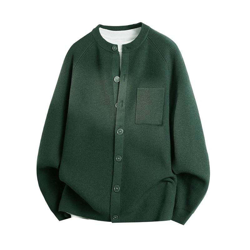 Unisex Leichter Feinstrick-Cardigan mit Rundhalsausschnitt, Brusttasche und Raglanärmeln Chichicherry