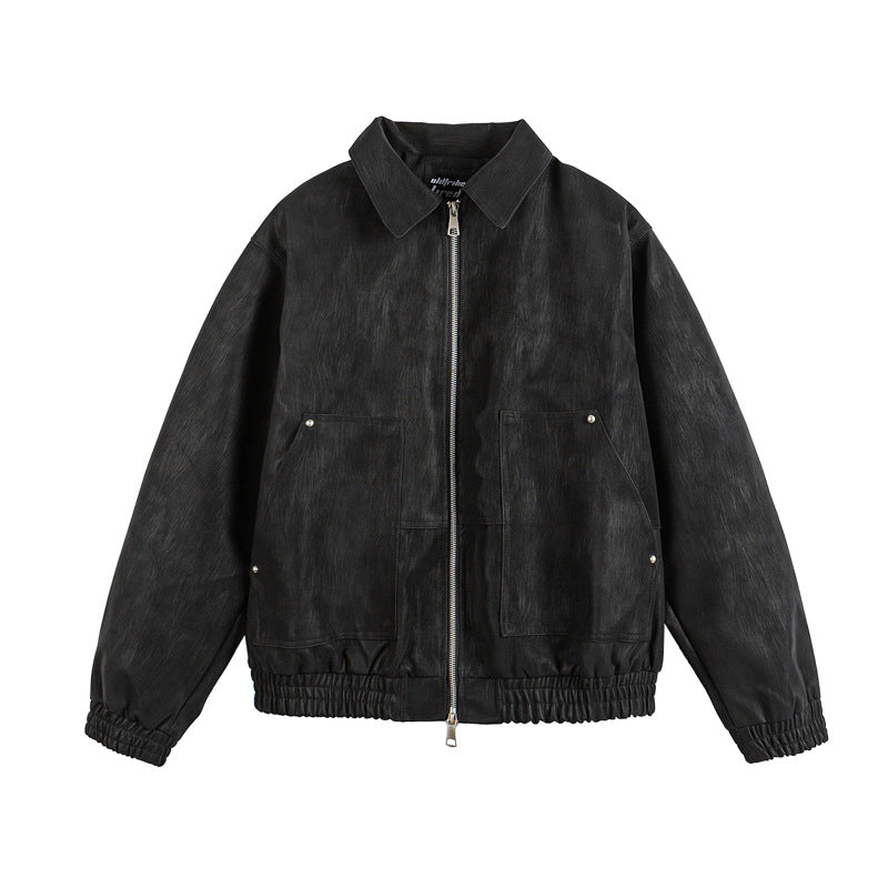 Men's leather-like blouson with shirt collar, two-way zipper, and elastic hem Chichicherry