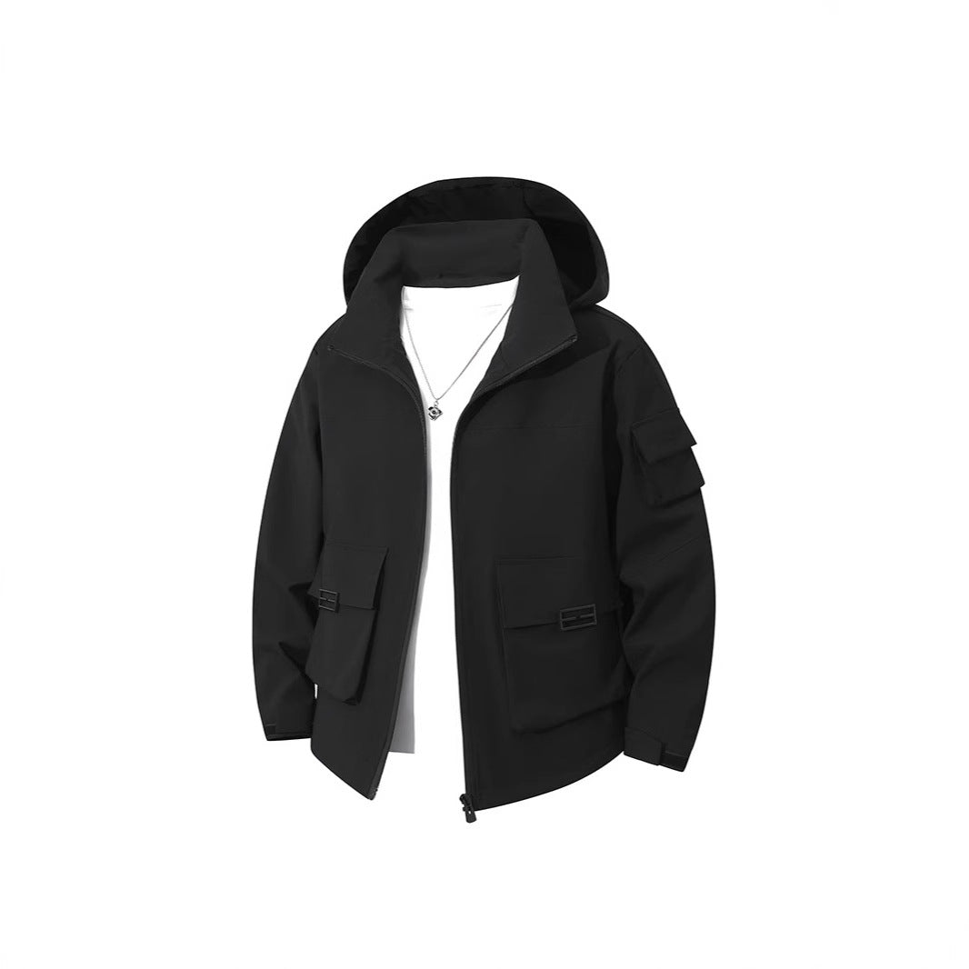 Men's Technical Utility Hooded Jacket with Multiple Flap Pockets and Wind-Resistant Softshell Chichicherry