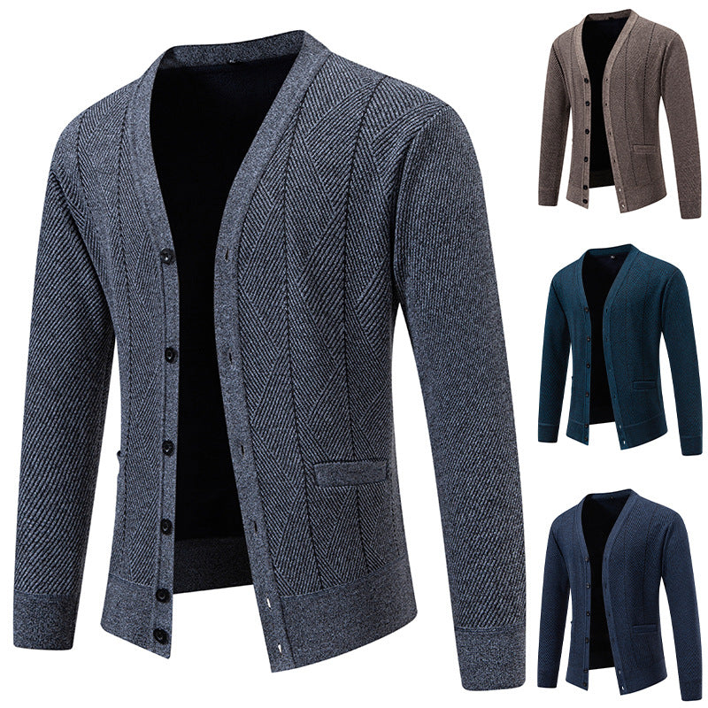 Men's Structured Fine Knit Cardigan with Chevron Pattern, V-Neck and Insert Pockets Chichicherry