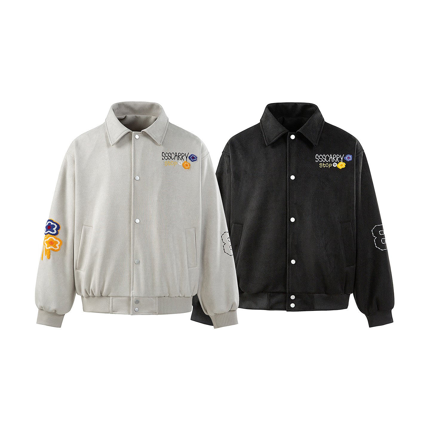 Unisex Boxy Blouson Jacket with Embroidered Floral Patches and Elastic Hem Chichicherry