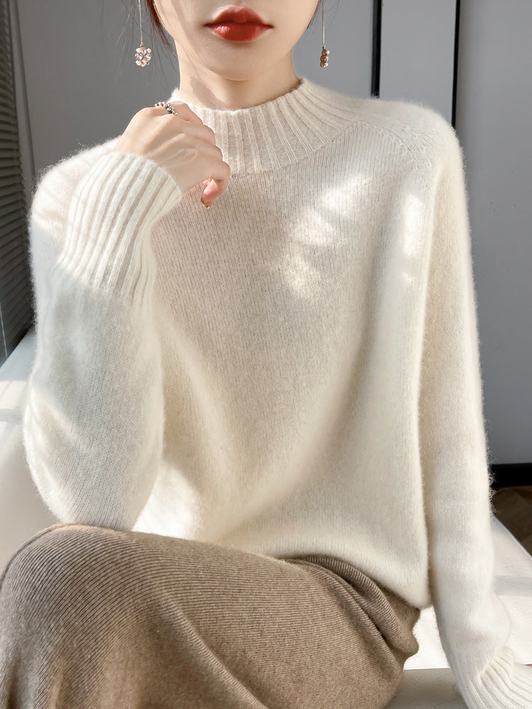 Women's short mock neck pullover made of fluffy mohair blend with boxy silhouette Chichicherry